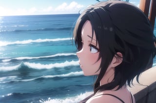 evelyn, pretty, anime style, light, ocean in the background, low-angle_shot