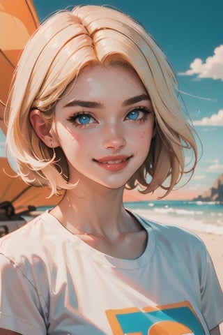  high quality,High detailed , beautiful white woman, blue eye, colors,anime style,mid body,25D_Loras,sand, awesome background,white t-shirt ,short hair, blonde hair, brave girl,sky in the background, a sun in the background, orange sky, shadows,smile,pink lips