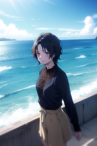evelyn, pretty, anime style, light, ocean in the background