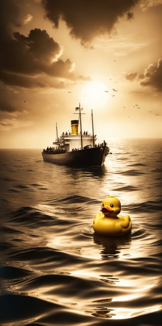 Sailors on a ship find a single rubber duck floating in the middle of the ocean. No land is in sight. 
Sepia tones

8k resolution photorealistic masterpiece, intricately detailed, cinematic lighting, maximalist photoillustration, HD,make_3d,more detail XL