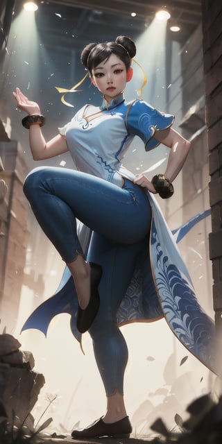 Chun-li performing a side kick. hair bun, double bun, eyeshadow, makeup, chinese clothes, pelvic curtain, solo, dress, bracelet, ribbon, pants, blue pants, makeup, short sleeves, wide hips, thick thighs, vingette, intricate background, sharp focus, noise reducer, dynamic, masterpiece, perfect anatomy, perfect legs, perfect eyes, mvivid color, cinematic lighting, best quality, good art

,Epicrealism