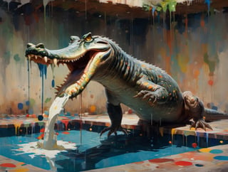 A crocodile launches itself from a pool made entirely of coloured paint and splattered with paint,  abstact, ,dripping paint,JRP style,abstact,biopunk style