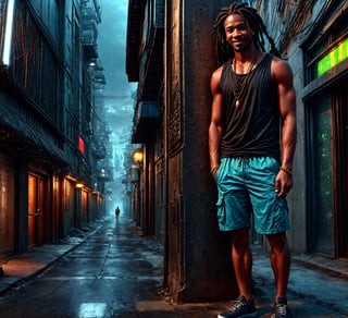 Generate an image of a man leaning against a street light post with his elbow. 

The man is tall and lean revealing his physicality. 

He wears a loose fitting multi-color tank top, cargo shorts and casual shoes. This man has black skin, dread locks and blue eyes. 

The man smiles in such a way as to evoke a kind demeanor and laid back presence, causing one to feel at ease around him. 

solo, 8k resolution photorealistic masterpiece, intricately detailed, cinematic lighting, 8k resolution concept art intricately detailed, complex, expansive, fantastical, detailmaster2,paint,abstact,Photography, wowdk,DonMM4ch1n3W0rld 