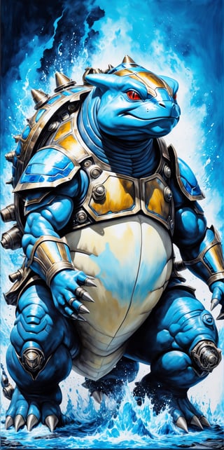 Render Blastoise from Pokemon. 

photorealistic, Blue, seeBlack ink flow: 8k resolution photorealistic masterpiece, intricately detailed fluid gouache painting, by Jean Baptiste Mongue, calligraphy, acrylic: colorful watercolor art, cinematic lighting, maximalist photoillustration, 8k, HD, resolution concept art intricately detailed, complex, elegant, expansive, fantastical, psychedelic realism, dripping paint,cyborg style,steampunk style,cyborg,android,steampunk,Movie Still, salvadordalistyle, noise reducer,