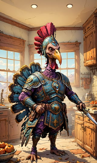 Render an image of a turkey weilding a sword in the kitchen 

 Masterpiece, best quality, more detail XL,Comic Book-Style 2d