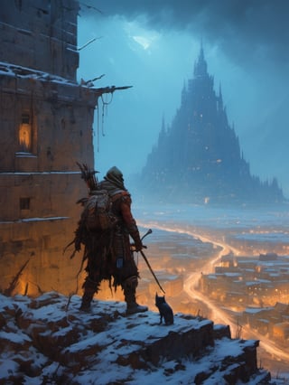 A tribal hunter stalks prey on the edge of a desserted city. 
 masterpiece, best quality, high resolution, extremely detailed, fantasy, low contrast,art,fantasy,Epic,painting by jakub rozalski,neon,light,more detail XL