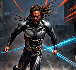 Generate an image of a man sprinting. The scene depicts him at full stride.

The man is tall and lean revealing his physicality. He is obviously fast but also appears strong. 

He wears a high tech fully body skin suit with a silver metallic look that has orange lines running through it. This man has black skin, dread locks and blue eyes. 

He can't help but smile as he sprints. The speed he is moving at brings a thrill to one's senses and a feeling of absolute freedom. The man has a kind demeanor and laid back presence causing one to feel at ease around him.  

solo, 8k resolution photorealistic masterpiece, intricately detailed, cinematic lighting, 8k resolution concept art intricately detailed, complex, expansive, fantastical, detailmaster2,paint,abstact,Photography, wowdk,