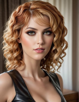 ((photorealistic)), perfect anatomy, realistic skin, detailed eyes, detailed face, hazel eyes, ((smokey eyes)), 32 y.o. woman model, red blonde , curly braid , leather skirt, cleavage, colorful top, fringes, gothic maid theme, bedroom, chubby,

knee up photo 