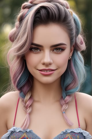 (vivid colors), HDR, ((best quality)), masterpiece , intricate details, 8k, beautiful detailed face, skin pores, (beautiful detailed eyes), ((eyelashes)), 23yo., a happy woman posing to camera, colorful bustier, frilled mini skirt,  , sultry smile, pink blue braids, asymmetrical hair, (large breast), ornaments, thigh boots, laces, delicate transparent cape, knee up  photo, (colorful embrodeiry theme), night street, tanned, light lipstick, resemble indiana evans and mena suvari