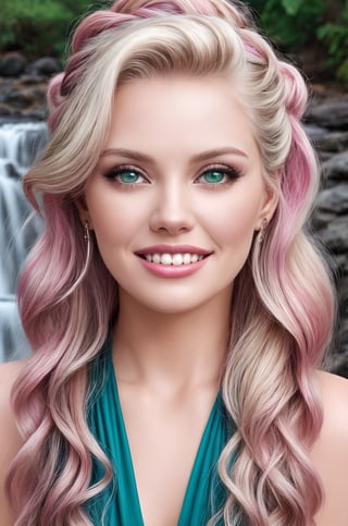 (vivid colors), best quality, masterpiece, detailed, 8k, beautiful detailed face, skin pores, ((beautiful detailed eyes)), 23yo., a happy woman sitting, colorful lyngerie, , sultry smile, pink green wavy hair, braids, asymmetrical  bangs, ornaments, knee up  photo, waterfalls splash, , resemble Anna Nicole Smith,