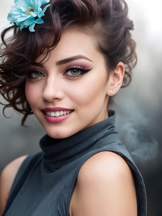 ((HDR)), Extremely Realistic, hyper realistic, perfect teeth, a mexican supermodel, 23y.o. ,  cyan mini dress, flowers print, ((eyelashes)), colored lips, smile, curly red_hair, chubby, ((smokey eyes)), (make_up), thigh boots,  night glowy street , photo of perfecteyes eyes, knee up photo from side