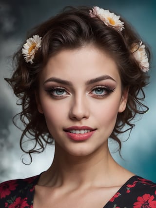 ((HDR)), Extremely Realistic, hyper realistic, perfect teeth, a mexican supermodel, 23y.o. , wearing a cyan mini dress, flowers print, ((eyelashes)), red lips, smile, curly red_hair, chubby, ((smokey eyes)), (make_up), night glowy street , photo of perfecteyes eyes, knee up photo from side