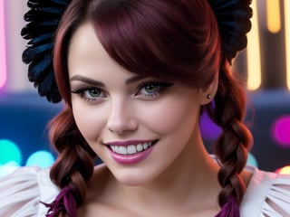 photorealistic, intricate, ((quality)), 8k, (UHD:1.23), a ((beautiful)) colombian, 23 y.o., natural face, ((eyelashes)), fractal embroidery, sexy maid, latex laces, asymmetric_bangs, shiny lips, ((cleavage)), ((perfect teeth)), pink_hair blonde, wavy_hair, thigh boots, braids, glowing art composition, peacock feathers, resemble Rachel Bilson:1.23,