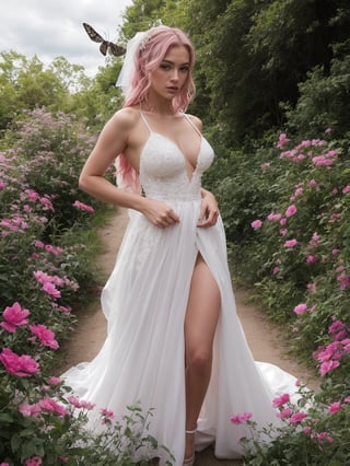 HDR:1.32, Extremely Realistic, hyper realistic, Give me a photo of a supermodel, wearing a bride slit dress, pink_hair, surrounded by butterflys chaos, artistic fusion, 