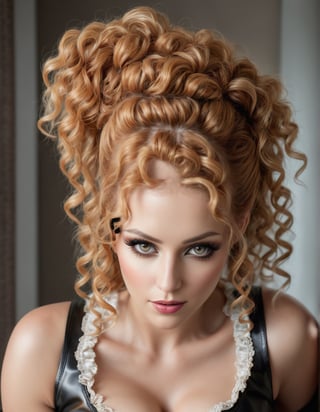 ((photorealistic)), perfect anatomy, realistic skin, detailed eyes, detailed face, hazel eyes, ((smokey eyes)), 32 y.o. woman model, red blonde , short curly braid , leather skirt, cleavage, fringes, gothic maid theme, bedroom, chubby,

knee up photo 