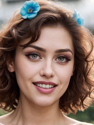 ((HDR)), Extremely Realistic, hyper realistic, perfect teeth, a italian supermodel, 23y.o. , wearing a cyan mini dress, flowers print, ((eyelashes)), red lips, smile, curly pink_hair, chubby, smokey eyes, (make_up), night glowy street , photo of perfecteyes eyes, 