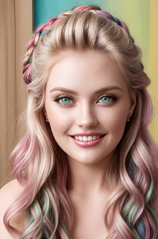 (vivid colors), best quality, masterpiece, detailed, 8k, beautiful detailed face, skin pores, ((beautiful detailed eyes)), 23yo., a happy woman sitting, colorful lyngerie, , sultry smile, pink green wavy hair, braids, asymmetrical  bangs, ornaments, knee up  photo, bedroom , resemble Anna Nicole Smith,