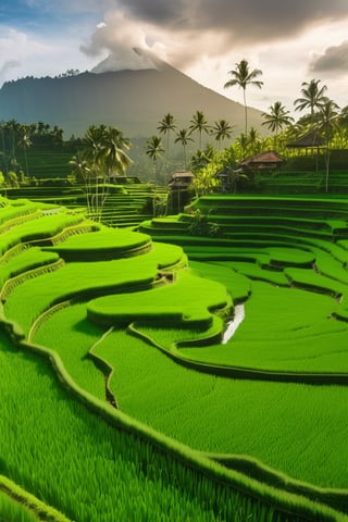  a winding road through a lush green rice field, framed by towering volcanoes in the background, taken with a DSLR camera with a wide-angle lens, natural lighting, and a landscape style. The location is the Tegalalang Rice Terraces in Bali, Indonesia. 