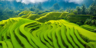 jzcg001 ,scenery,tree,, masterpiece, best quality, A photo of a winding road through a lush green rice field, framed by towering volcanoes in the background, taken with a DSLR camera with a wide-angle lens, natural lighting, and a landscape style. The location is the Tegalalang Rice Terraces in Bali, Indonesia. 