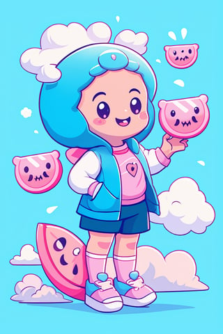 Cartoon character, style of Cathleen McAllister, a cute water melon, on clouds, pastel colors, simple backgrouned, artstation, indonesia, sticker, cutestickers,cutestickers, male, 2 years old,