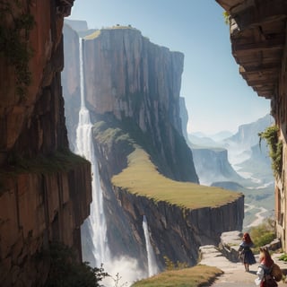 painting, Medieval Era, (City, on a cliff, walled, large population, houses hanging from the cliffs). lighting, dust particles, waterfalls, wind, view from the entrance, city of semi-humans, (Fox girl, short red hair, fox ears, semi-human, turning away from the camera, facing the camera, looking towards the city). isekai,