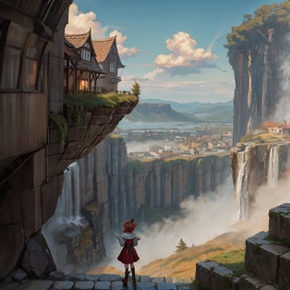 painting, Medieval Era, (City, on a cliff, walled, large population, houses hanging from the cliffs). lighting, dust particles, waterfalls, wind, view from the entrance, city of semi-humans, (Fox girl, short red hair, fox ears, semi-human, turning away from the camera, facing the camera, looking towards the city). isekai,