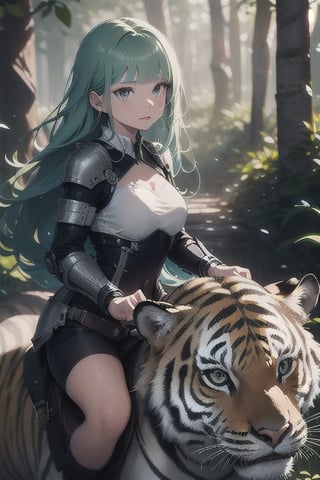 woman, 18 years old, ((long hair, shaved on the right side, white, blue-green bangs)). brunette, with light armor, riding a tiger, forest, rainy, particles, pores, realistic, blur to the surroundings, focus on the protagonist, illustrated, (title, Adventure),