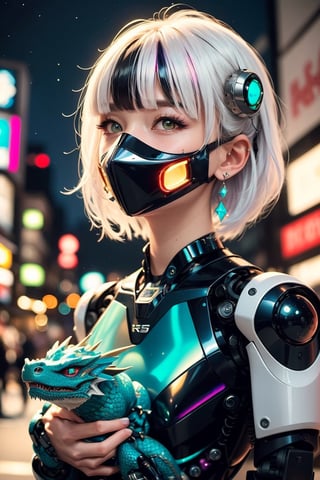 goth_punk, roblit, 1girl, robot, solo, medium shot, walking in Harajuku, ((night time:1.2)), bokeh, neon light, (colourful background:1.2), iridescent eyes, starry sky, white shimmer hair, white eyebrow, glowing hair, (iridescent white hair), earrings, bangs, jewellery, mask, blunt bangs, green eyes, mouth mask, blurry background, blurry, hair ornament, looking at the viewer, short hair, portrait, sidelocks, (with a robotic dragon pet wrapped around the body:1.2),