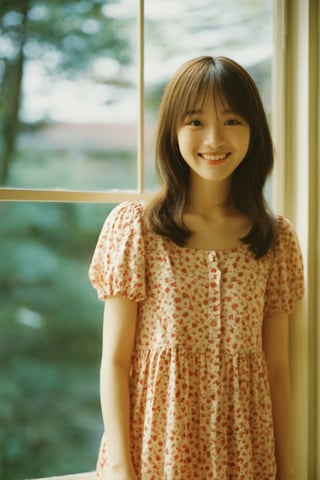 ((1girl, cos, loli:1.3, cute girl:1.2, moe, vietnam)),  (smiling:1.1)(old:0.2) standing by a window,  wearing a loose dress,  1970s sepia (faded:1.2),  (arm hair,  spots,  moles,  red button nose,  round eyes,  frown lines:0.99),  (faded,  neutral colors,  CANON AE-1:1.1,  high noise,  grainy,  film grain,  blurry,  32mm,  aged 