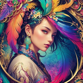 (masterpiece, top quality, best quality, official art, beautiful and aesthetic:1.2), (1girl:1.3), extremely detailed,(fractal art:1.1),(colorful:1.1)(flowers:1.3),highest detailed,(zentangle:1.2), (dynamic pose), (abstract background:1.3), (shiny skin), (many colors:1.4), ,(earrings), (feathers:1.5), (((margin picture:1.4)))