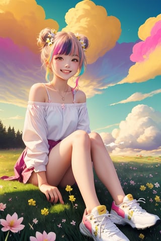 (1 girl:1.5, loli:1.3,cute girl:1.2, cos:1.2, teen girl, moe) Kindergarten,double bun,gray gradient hair,air bangs,double braids,(smiling:1.2),latex,jitome,border,Altostratus,(Sky:1.2),(Colorful Cloud:1.8) Landscape,Outdoor,Solo,Long Hair,Trees,Flowers,Skirt,Sitting,Shoes,(Grass: 2) (Dew:1.1),Buildings,spectators,signs,long sleeves,power poles,Landscape,sports shoes,open clothes,purple flowers,collarbone,off shoulder,Red flowers,roads,white shoes,wires,(Yellow flowers, pink flowers, white flowers:1.5),