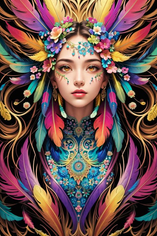 (masterpiece, top quality, best quality, official art, beautiful and aesthetic:1.2), (1girl:1.3), extremely detailed,(fractal art:1.1),(colorful:1.1)(flowers:1.3),highest detailed,(zentangle:1.2), (dynamic pose), (abstract background:1.3), (shiny skin), (many colors:1.4), ,(earrings), (feathers:1.5)
