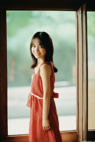 ((1girl, cos, loli:1.3, cute girl:1.2, moe, vietnam)),  (smiling:1.1)(old:0.2) standing by a window,  wearing a loose dress,  1970s sepia (faded:1.2),  (arm hair,  spots,  moles,  red button nose,  round eyes,  frown lines:0.99),  (faded,  neutral colors,  CANON AE-1:1.1,  high noise,  grainy,  film grain,  blurry,  32mm,  aged 