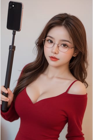 selfie, long blonde hair, big boobs, half body mirror selfie, cute expression, smiling, wearing red body revealing dress, g-cup boob size, home selfie, interior (((Ultra realistic lighting)), partial blonde hair, glasses, g-cup boobs, cute pose selfie, (((Selfie taking hand style))) (((Holding iphone 11))) (((Extra cute 20 year old girl))) casual_wear, atmospheric, aesthetics, cold_smile, Xxmix_Catecat,3d style,cutegirlmix, xxmixgirl,1girl, 