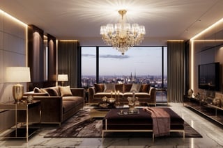 beautiful luxurious livingroom, luxury interior style, photo take in the twilight time,