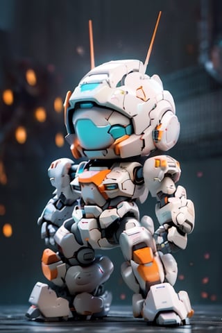 Best quality,masterpiece, strong contrast, high level of detail,Best quality,masterpiece, 16k wallpaper, concept art, high level of detail, strong contrast,

BJ_Cute_Mech,1 mech, solo, perfect chibi full body mech, mech in distance , mechanical face, mech face in detail, hard surface face, huge jade eyes like camera lends, holding, standing, perfect chibi full body, weapon, chibi, holding_weapon, gun,blush_stickers, helmet,holding_gun, android, joints, robot_joints, orange rivet on joints, hard surface, heavy armored mech, 1 bipedal mech, the mech is white and orange in color, it has a round head and a triangular visor, the mech’s head is small, the mech’s head is integrated with the mech’s body, no neck,  The mech’s body is a white oval-shaped box, the box is connected to the mech’s head and shoulders, the box has an orange line on the front, the line separates the mech’s chest and abdomen, the box has an orange circular part on the side, the part separates the mech’s waist and abdomen, 

steampunk battle field  background, depths of deep field,

cinematic lighting, , BJ_Gundam,mecha,engineering map,QRobot,zzmckzz,bodysuit,baimecha,BJ_Gundam