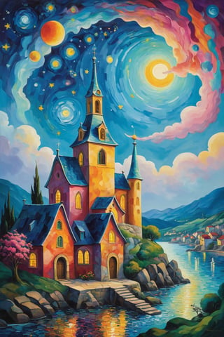 oil painting concept art, vibrant color, 

The starry night, van gogh style, 

Create a whimsical and vibrant townscape with colorful, fantastical buildings, The color palette should include bright pinks, oranges, blues, and purples, with contrasting highlights and shadows to give depth, The brushwork should be smooth, with clean lines for the buildings and more fluid strokes for the sky and water reflections, The overall art style should evoke elements of surrealism mixed with folk art, Draw inspiration from artists like Marc Chagall for dreamlike scenes and Joan Miró for bold colors and shapes,

a image for a póster of psytrance festival, contains fractals, spiritual composition, the imagen evoke happiness and energy. the imagen contains organic textures and surreal composition. some parts of the image evoke a las trip