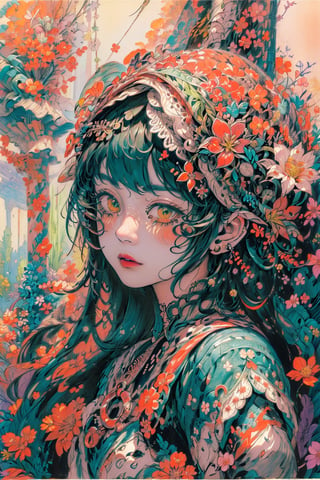 high resolution,  ultra detailed,  (masterpiece:1.4), taeri,  super photo realistic illustration, highres, ultla detailed, absurdres,  best quality, woman,  flower dress,  colorful,  darl background, flower armor, green theme, exposure blend,  medium shot,  bokeh,  (hdr:1.4),  high contrast,  (cinematic,  teal and orange:0.85),  (muted colors,  dim colors,  soothing tones:1.3),  

(colorful:1.5), glowing lights, pillar of lights, blooming light effect,
papier colle, paper collage, layered compositions, varied textures, abstract designs, artistic juxtapositions, mixed-media approach,
(Zentangle:1.5), structured patterns, meditative drawing, intricate designs, focus and relaxation, creative doodling, artistic expression,Animal ear