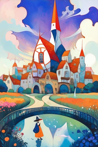 best quality, ultra highres, absurdres, oil painting concept art, 

Create a whimsical and vibrant townscape with colorful, fantastical buildings,  flower pods,The color palette should include bright pinks, oranges, vibrant color flowers, blues, and purples, with contrasting highlights and shadows to give depth, The brushwork should be smooth, with clean lines for the buildings and more fluid strokes for the sky and water reflections,  The overall art style should evoke elements of surrealism mixed with folk art, Draw inspiration from artists like Marc Chagall for dreamlike scenes and Joan Miró for bold colors and shapes,