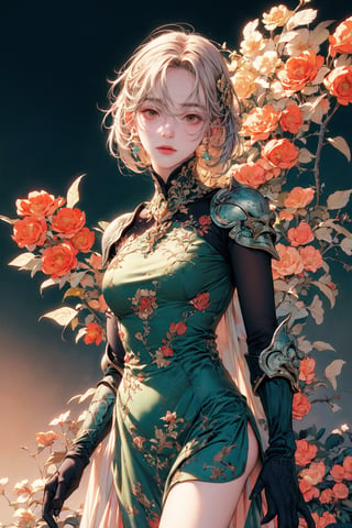 high resolution,  ultra detailed,  (masterpiece:1.4), taeri,  super photo realistic illustration, highres, ultla detailed, absurdres,  best quality, woman,  flower dress,  colorful,  darl background, flower armor, green theme, exposure blend,  medium shot,  bokeh,  (hdr:1.4),  high contrast,  (cinematic,  teal and orange:0.85),  (muted colors,  dim colors,  soothing tones:1.3),  