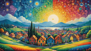 oil painting concept art, vibrant color, 

(The Southern Star Atlas:1.5), (Teppei Sasakura style:1.5),  (Pointillism:1.3), (papercutting:1.2), cutout picture, (HDR:1.4), high contrast, 

rainbow, sunshine, Create a whimsical and vibrant townscape with colorful, colorful flower field in front of fantastical houses, Venice is a city on water, The color palette include vibrant warm colors with contrasting highlights and shadows to give depth, The brushwork is rough with clean lines for the buildings and more fluid strokes for the sky and water reflections, The overall art style evoke elements of surrealism mixed with folk art, Draw inspiration from artists like Marc Chagall for dreamlike scenes and Joan Miró for bold colors and shapes,

a image for a póster of psytrance festival, contains fractals, spiritual composition, the imagen evoke happiness and energy. the imagen contains organic textures and surreal composition. some parts of the image evoke a las trip,