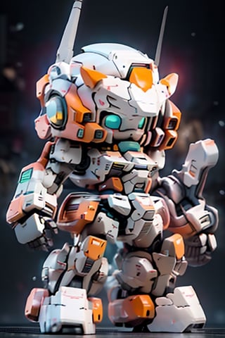 Best quality,masterpiece, strong contrast, high level of detail,Best quality,masterpiece, 16k wallpaper, concept art, high level of detail, strong contrast,long shot,

BJ_Cute_Mech,1 mech, solo, perfect chibi full body mech, mech in distance , mechanical face, mech face in detail, huge mechanical head in detail , hard surface face, two huge jade eyes like camera lends, holding, standing, perfect chibi full body,extremely small torso, weapon, chibi, holding_weapon, gun,blush_stickers, helmet,holding_gun, android, joints, robot_joints, orange rivet on joints, hard surface, heavy armored mech, 1 bipedal mech, the mech is white and orange in color, it has a round head and a triangular visor, the mech’s head is small, the mech’s head is integrated with the mech’s body, no neck,  The mech’s body is a white oval-shaped box, the box is connected to the mech’s head and shoulders, the box has an orange line on the front, the line separates the mech’s chest and abdomen, the box has an orange circular part on the side, the part separates the mech’s waist and abdomen, 

steampunk battle field  background, depths of deep field,

cinematic lighting, , BJ_Gundam,mecha,engineering map,QRobot
