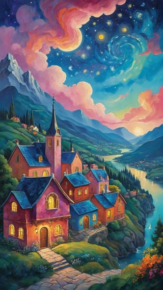 oil painting concept art, vibrant color, 

The starry night, van gogh style, 

Colorful houses lining the mountainous town surrounded by abundant nature. A peaceful night descends, with a beautiful night sky and colorful, storybook-like clouds, 

night in the Mountainous Town Surrounded by Nature, 

Colorful houses line the mountainous town, surrounded by abundant nature, As a peaceful night descends, a beautiful night sky and colorful, storybook-like clouds spread across the scene,

Create a whimsical and vibrant townscape with colorful, fantastical buildings, The color palette should include bright pinks, oranges, blues, and purples, with contrasting highlights and shadows to give depth, The brushwork should be smooth, with clean lines for the buildings and more fluid strokes for the sky and water reflections, The overall art style should evoke elements of surrealism mixed with folk art, Draw inspiration from artists like Marc Chagall for dreamlike scenes and Joan Miró for bold colors and shapes,

a image for a póster of psytrance festival, contains fractals, spiritual composition, the imagen evoke happiness and energy. the imagen contains organic textures and surreal composition. some parts of the image evoke a las trip