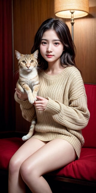 photorealistic,  realistic,  RAW photo, by Arturo Souto, by Brad Kunkle and wlop in the style of Daniel Merriam, cute 18 year old woman and her pet cat, digital painting, pale skin,highly detailed face,black hair, seducing facial expression,wearing a cozy sweater, 1950s,dark background,warm colors, RAW candid cinema,16mm,color graded portra 400 film,remarkable color,ultra realistic,, captured on a (Nikon D850)defiant facial expression,bul4n