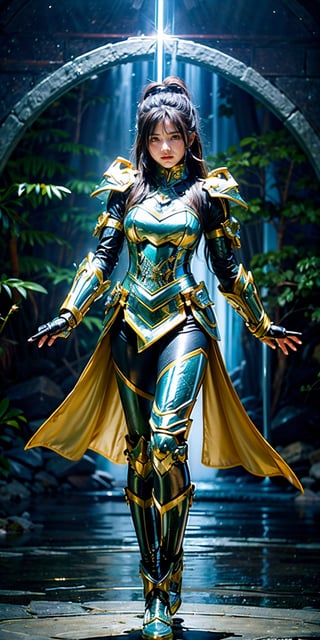 "Generates a visually stunning high-quality 4K ultra HDR image featuring a handsome, athletic young woman warrior with black hair and tanned skin. Dress him in magical space opera-style armor that shines with power, accentuating his might. ( Ensures meticulous details in the design of the armor, making it both ornate and functional). ( Place in your hand a glowing, shiny, smooth sword that emanates a dangerous glow). Create a perfect, super-realistic scene that combines photographic excellence, photorealism and fantasy aesthetics. The image must encapsulate the essence of an anti-hero in a mythical world, where every detail, from the warrior's expression to the magical elements, contributes to a visually captivating and immersive experience.",mecha musume , fullbody,