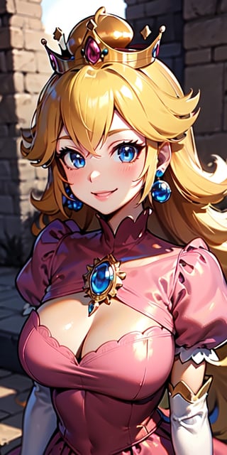 Peach_SMP,  masterpiece, best quality, highres, pch, pink dress, brooch, puffy sleeves, short sleeves, smile, elbow gloves, earrings, crown, outside of castle, large breasts, upper body, close-up, ,ice_sculpture