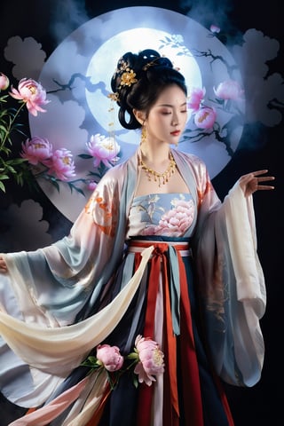 Vibrant Rim Light, In a realm drenched with magic, the silhouette of a Chinese maiden illuminates, adorned in the magnificent and extravagant Hanfu that seems to glow from within, floating ethereally in this fantasy space. Mystic clouds, shimmering with hints of gold and silver, envelop her, reminiscent of celestial beings gracing the mortal world. In her delicate hands, she holds a radiant peony, its luminescence contrasting with the shadows. The very moment its petals dance in the wind, casting playful shadows, is exquisitely immortalized by the artist. Luminescent rays and flickers of shadow dance around her form, evoking the elegance of traditional ink paintings, but with a vibrant burst of light and dark interplay. This masterpiece fuses the vision of a modern artist, accentuating the intense drama of light and shadow with the splendor of the Hanfu, crafting a strikingly abstract and luminous artwork. Luxurious, avant-garde, chic, editorial, magazine flair, professional, intricately detailed, ambient illumination, Raking light., bright rim light, high contrast, bold edge light