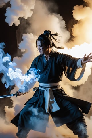 wuxia, a swordsman, eight trigrams of the Jin dynasty, smoke, chinese ink style,volumetric light,(8k, RAW photo, best quality, masterpiece)