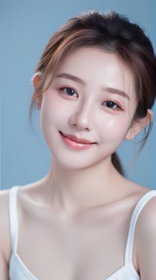 1girl, chinese girl, light smile,  blush,  white crop-top,  collarbone,  looking at viewer,  photo,  realistic,  masterpiece,  best quality,  super detail,  (soft blue background)