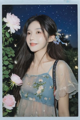 1girl, portrait of a girl, aoqun, Chinese style, clear polaroid, film, rough feeling, garden full of roses, night, Milky Way, shooting stars, long hair, hair blowing in the wind, flower leaves falling, smile, coolness, realistic, high resolution, high detail, photo, RAW, real life,xxmix_girl